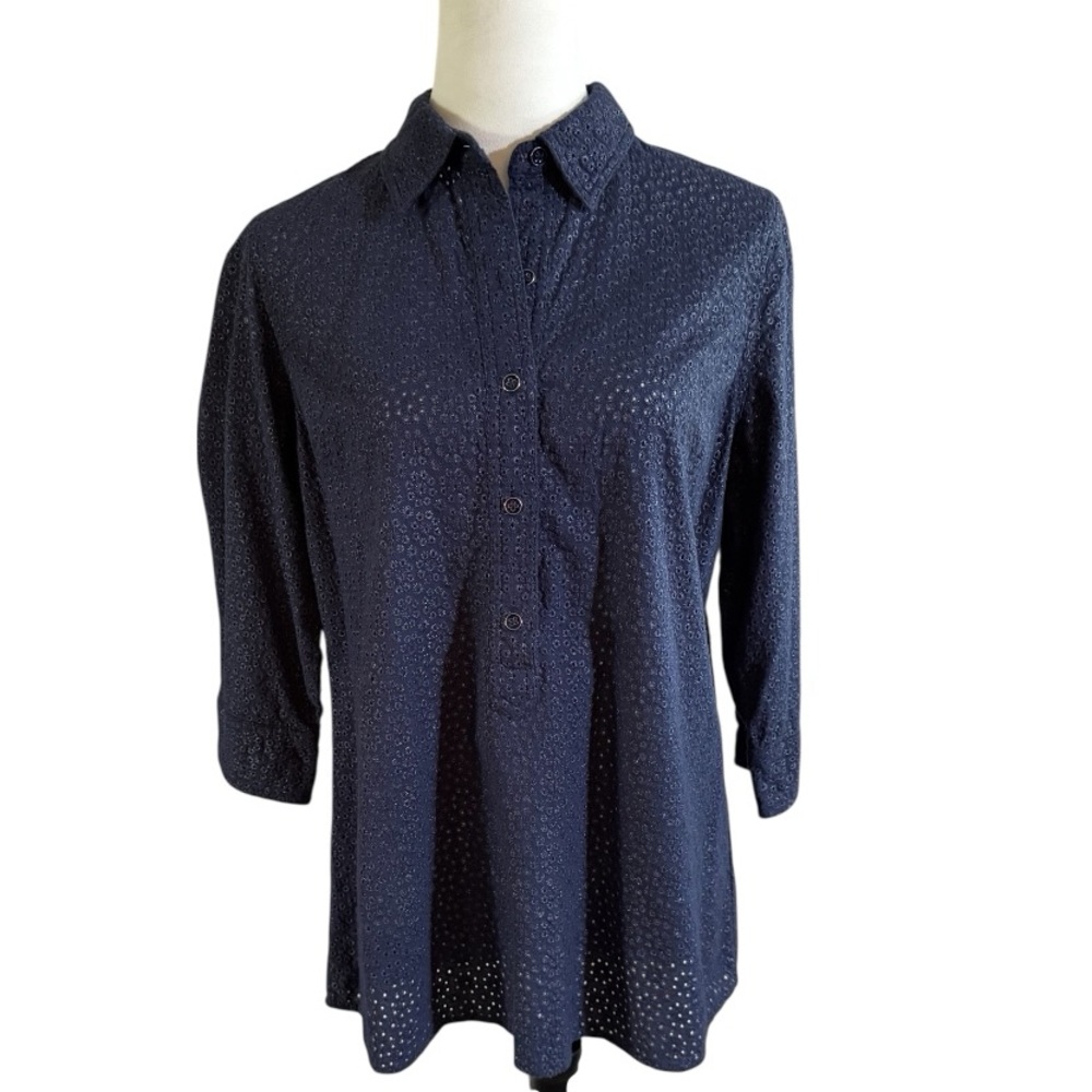 Coldwater Creek Dark Blue Button Half Placket Pullover Tunic Shirt. Sz M